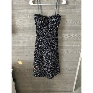 J. Crew Size 0 Strapless 100% Cotton Navy Blue White‎ Floral Midi Dress Summer